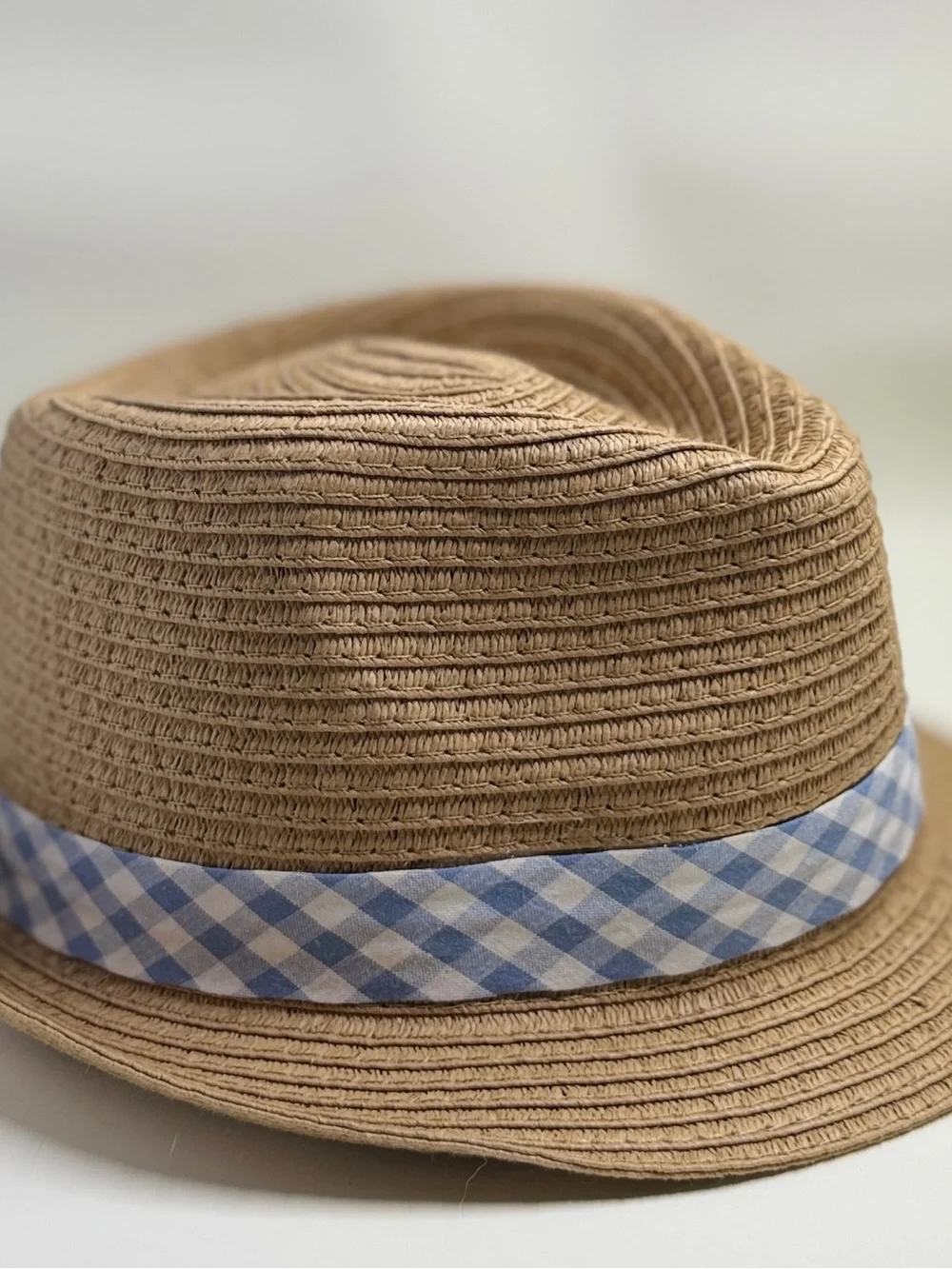 Kids Straw Fedora Hat with Blue Gingham Band